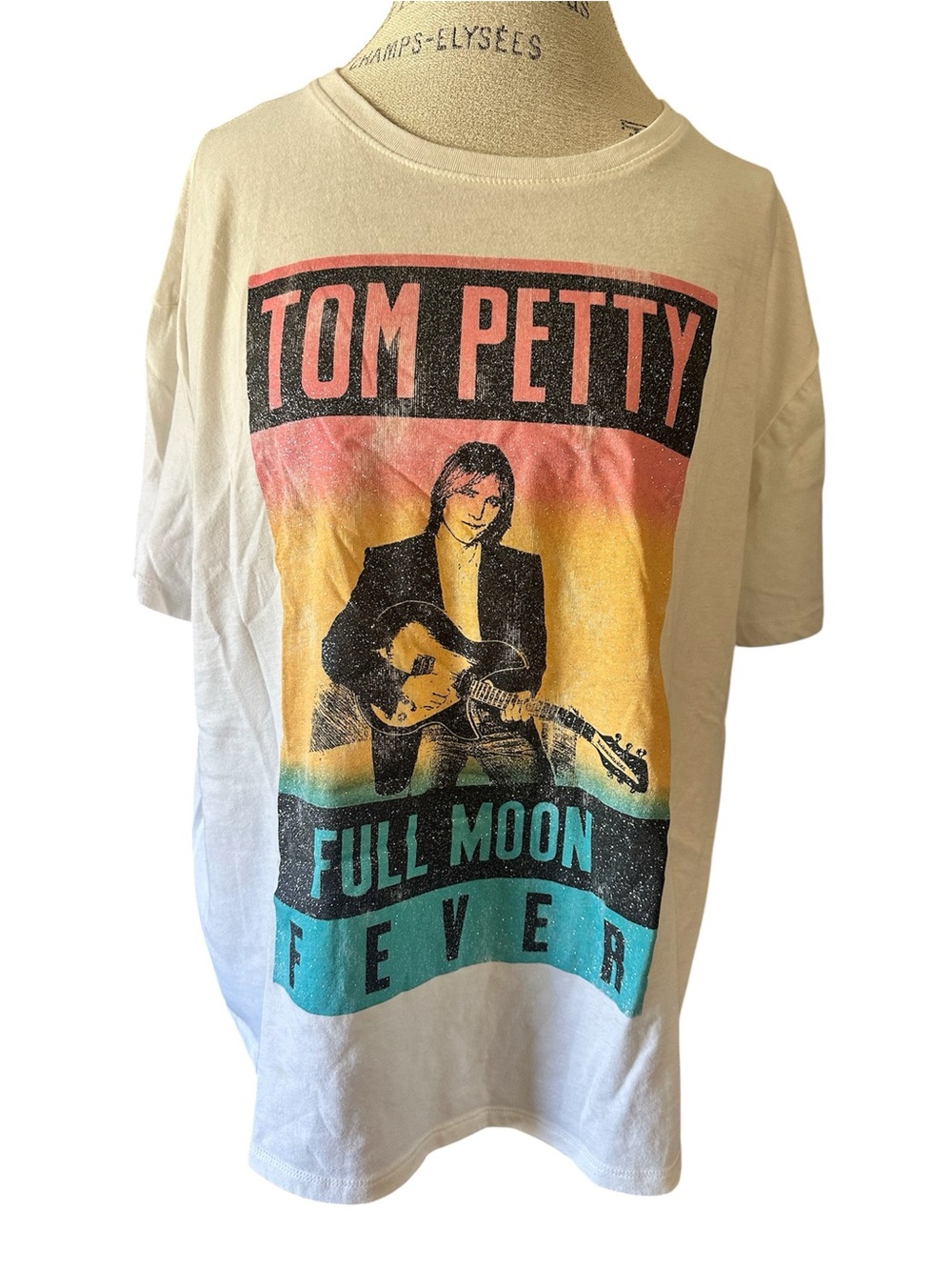 Tom Petty "Full Moon Fever" Graphic Tee - Cream with Rainbow Print XXL Glitter